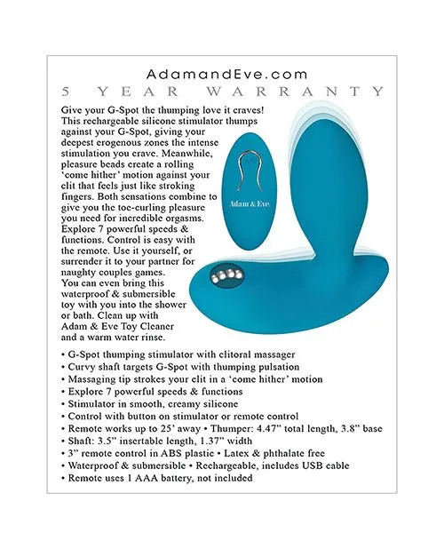 Female Sex Toys | Evolved Novelties Adam & Eve Eve's G-Spot Thumper W/clit Motion Massager - Teal