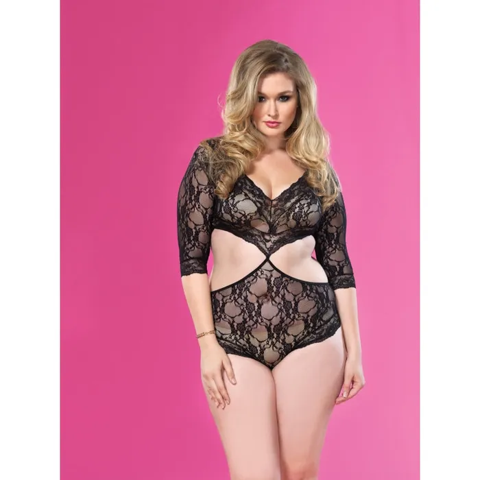 Floral Lace Deepv Teddy Queen Size Black Leg Avenue Anal