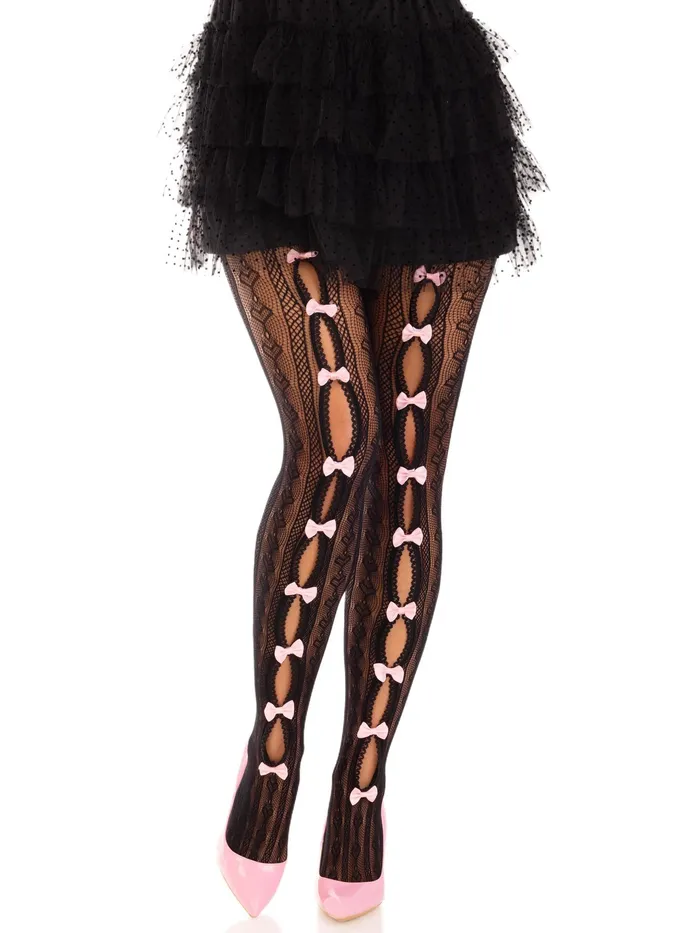Bodystockings Playsuits Sweetheart Striped Net Tights With Keyhole and Mini Bow Detail One Size Black Leg Avenue