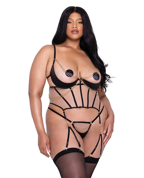 Anal Roma Costume Caged Temptress Satin Tulle Bustier Wdraped Chain Detail Thong Black Anal Roma Costume Caged Temptress Satin Tulle Bustier Wdraped Chain Detail Thong Black