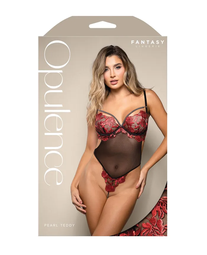 Fantasy Lingerie Vibrators Opulence Embroidered Underwire Open Crotch Teddy wPearl Detail Red Fantasy Lingerie Vibrators Opulence Embroidered Underwire Open Crotch Teddy wPearl Detail Red